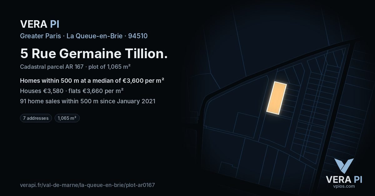 5 Rue Germaine Tillion, La Queue-en-Brie at night – the plot lit, the parcels around coloured by the prices near them
