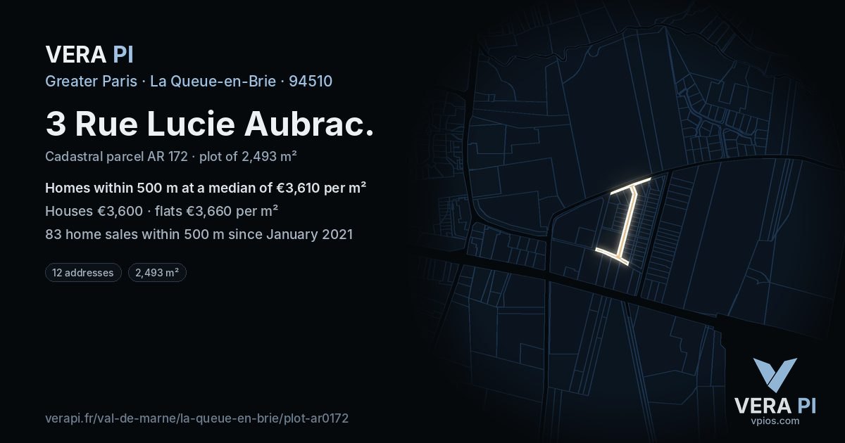 3 Rue Lucie Aubrac, La Queue-en-Brie at night – the plot lit, the parcels around coloured by the prices near them