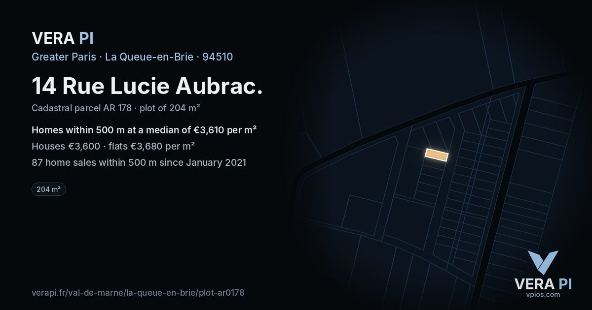 14 Rue Lucie Aubrac, La Queue-en-Brie at night – the plot lit, the parcels around coloured by the prices near them