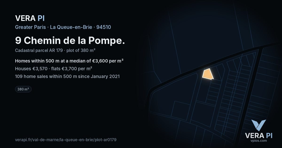 9 Chemin de la Pompe, La Queue-en-Brie at night – the plot lit, the parcels around coloured by the prices near them