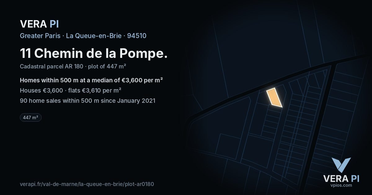 11 Chemin de la Pompe, La Queue-en-Brie at night – the plot lit, the parcels around coloured by the prices near them