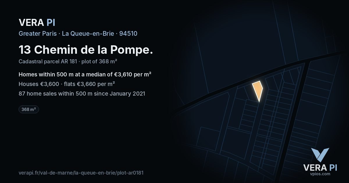 13 Chemin de la Pompe, La Queue-en-Brie at night – the plot lit, the parcels around coloured by the prices near them