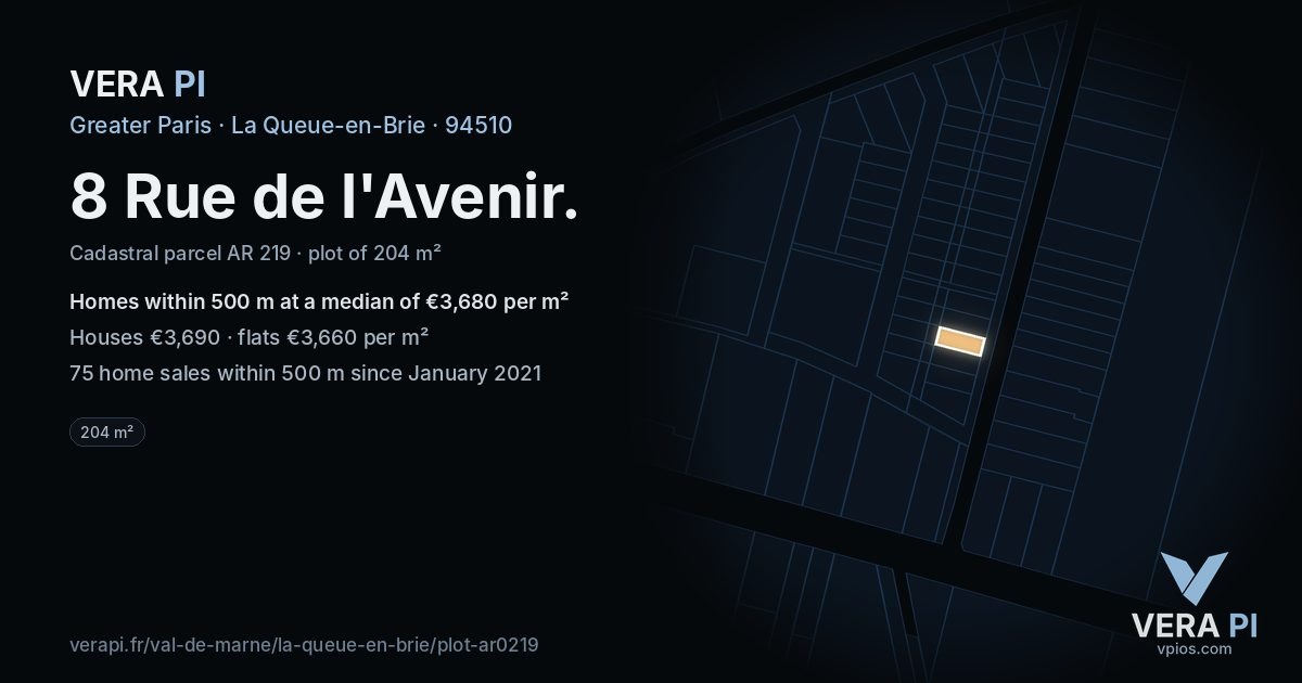 8 Rue de l'Avenir, La Queue-en-Brie at night – the plot lit, the parcels around coloured by the prices near them
