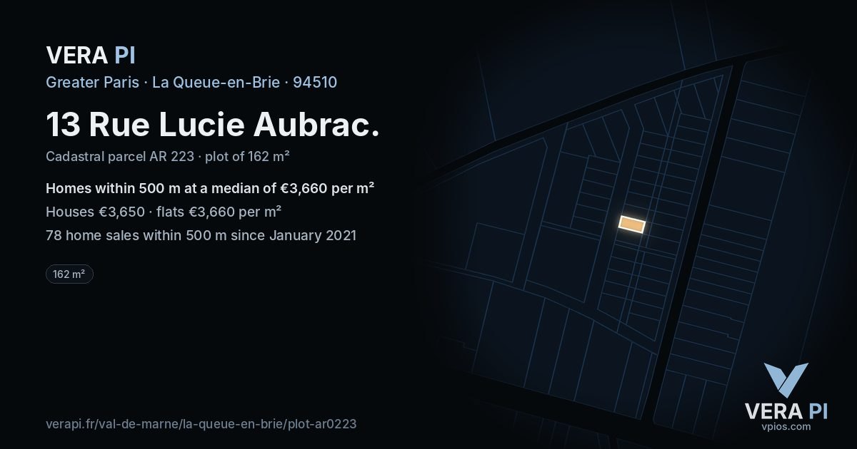 13 Rue Lucie Aubrac, La Queue-en-Brie at night – the plot lit, the parcels around coloured by the prices near them