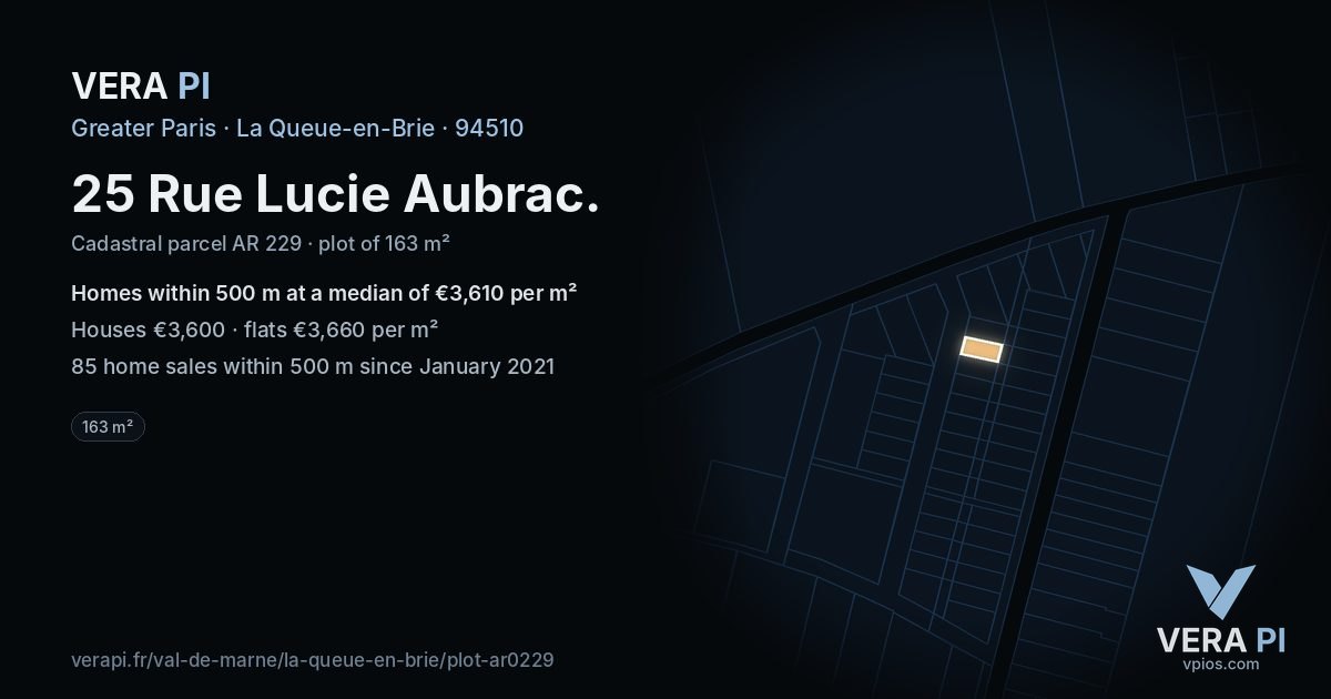 25 Rue Lucie Aubrac, La Queue-en-Brie at night – the plot lit, the parcels around coloured by the prices near them