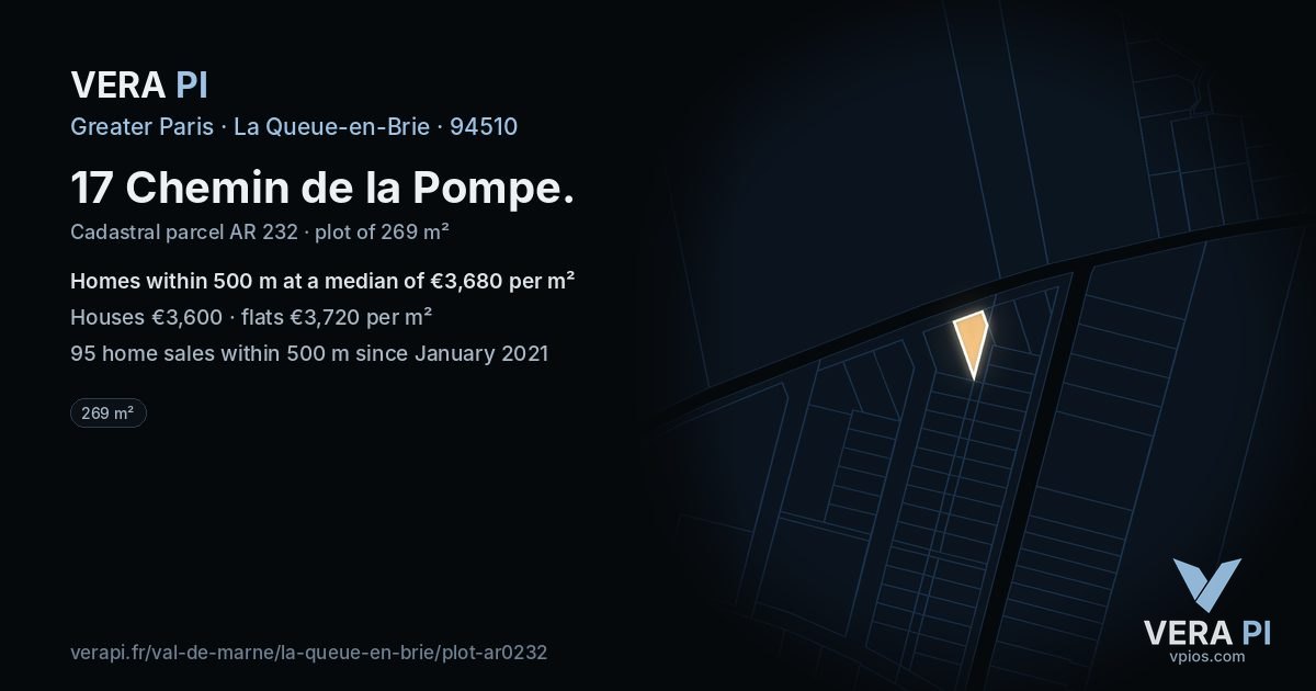 17 Chemin de la Pompe, La Queue-en-Brie at night – the plot lit, the parcels around coloured by the prices near them