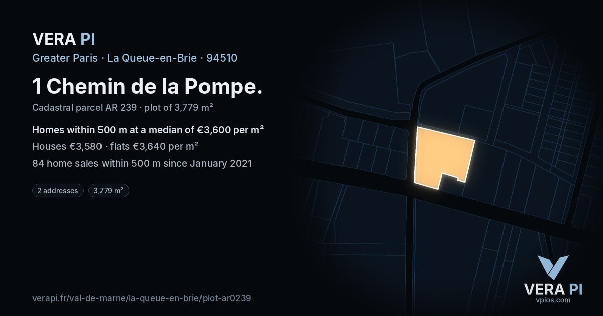 1 Chemin de la Pompe, La Queue-en-Brie at night – the plot lit, the parcels around coloured by the prices near them