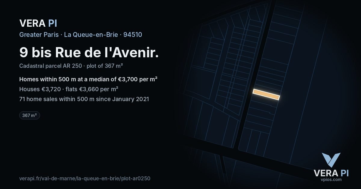 9 bis Rue de l'Avenir, La Queue-en-Brie at night – the plot lit, the parcels around coloured by the prices near them