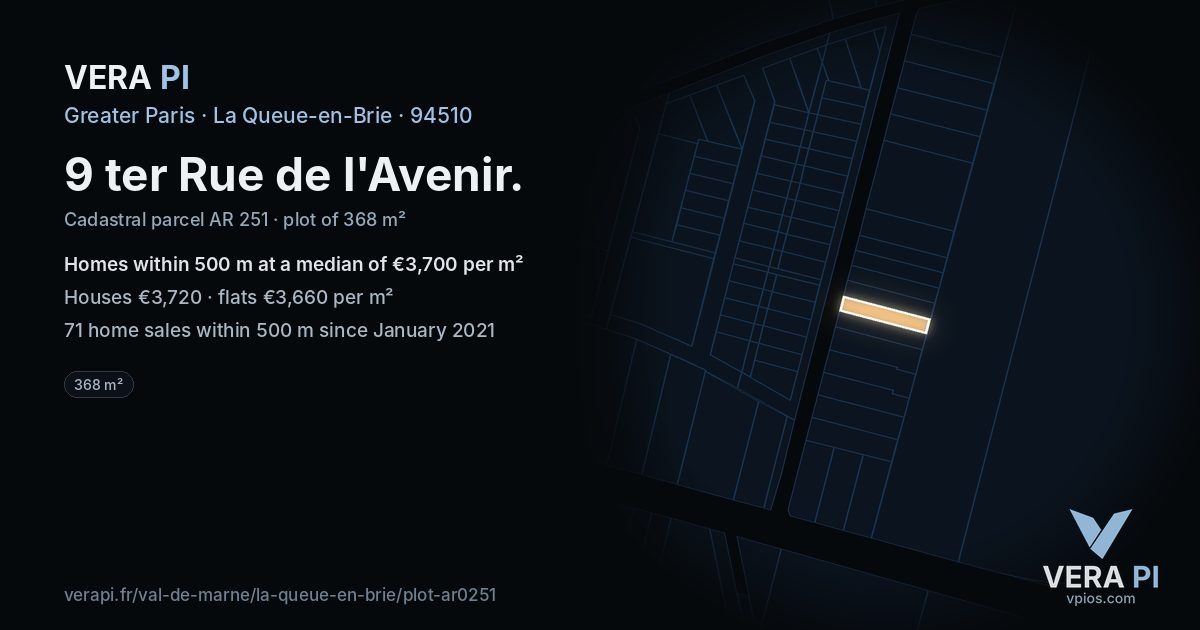 9 ter Rue de l'Avenir, La Queue-en-Brie at night – the plot lit, the parcels around coloured by the prices near them