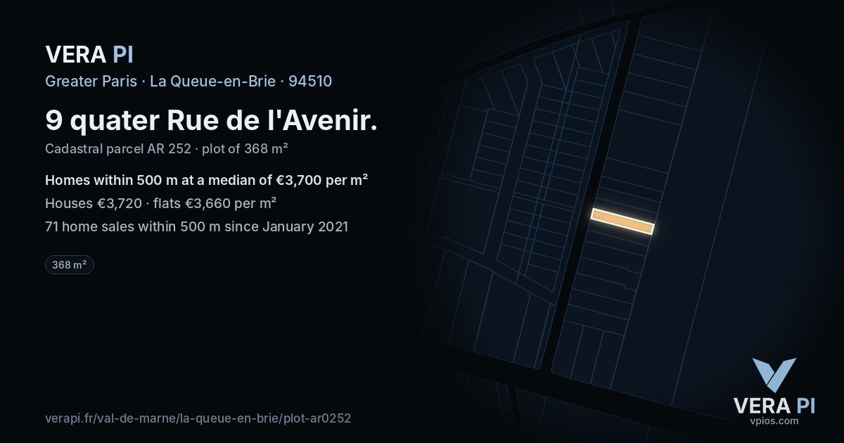 9 quater Rue de l'Avenir, La Queue-en-Brie at night – the plot lit, the parcels around coloured by the prices near them
