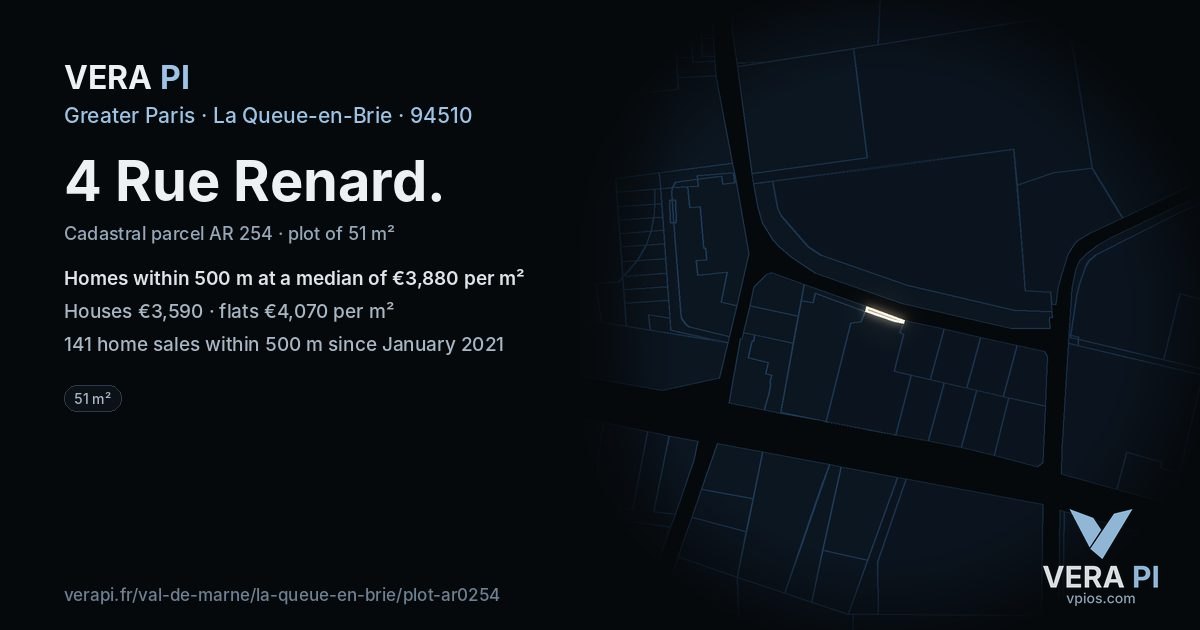 4 Rue Renard, La Queue-en-Brie at night – the plot lit, the parcels around coloured by the prices near them