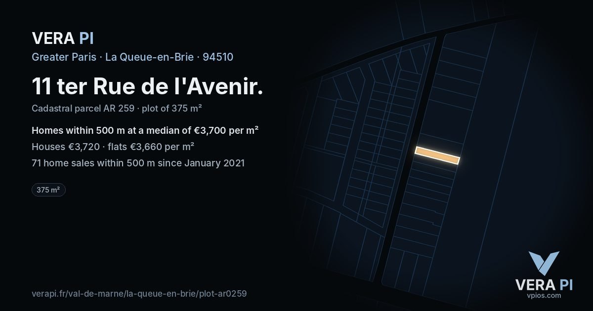 11 ter Rue de l'Avenir, La Queue-en-Brie at night – the plot lit, the parcels around coloured by the prices near them