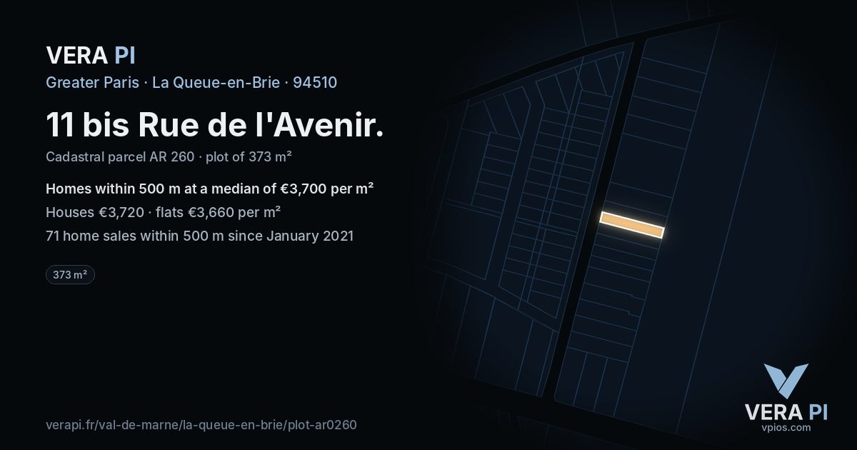 11 bis Rue de l'Avenir, La Queue-en-Brie at night – the plot lit, the parcels around coloured by the prices near them