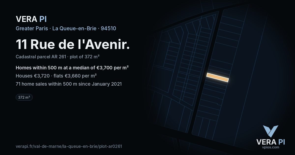 11 Rue de l'Avenir, La Queue-en-Brie at night – the plot lit, the parcels around coloured by the prices near them