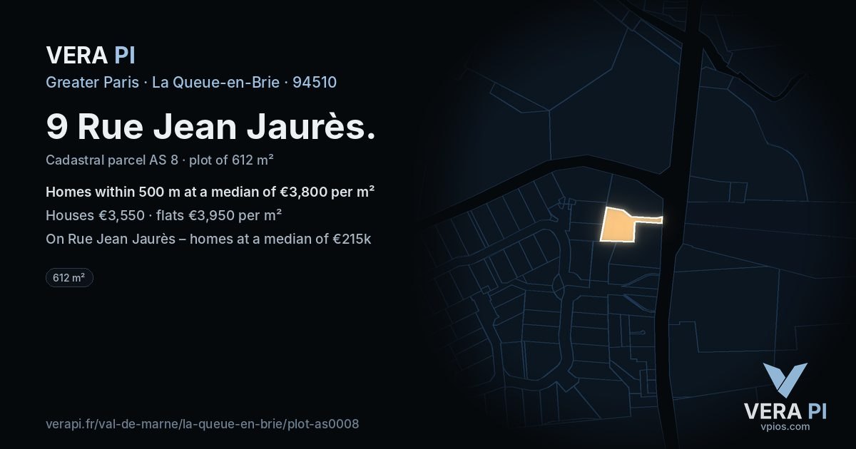 9 Rue Jean Jaurès, La Queue-en-Brie at night – the plot lit, the parcels around coloured by the prices near them
