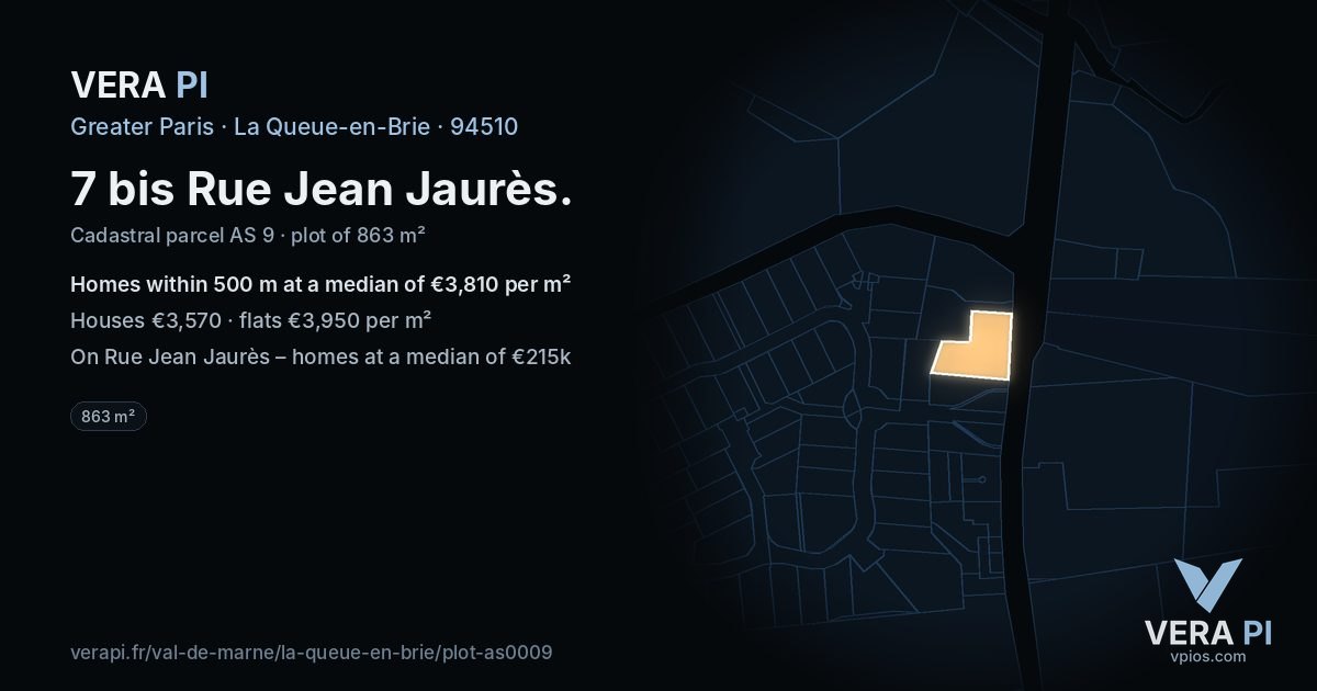 7 bis Rue Jean Jaurès, La Queue-en-Brie at night – the plot lit, the parcels around coloured by the prices near them