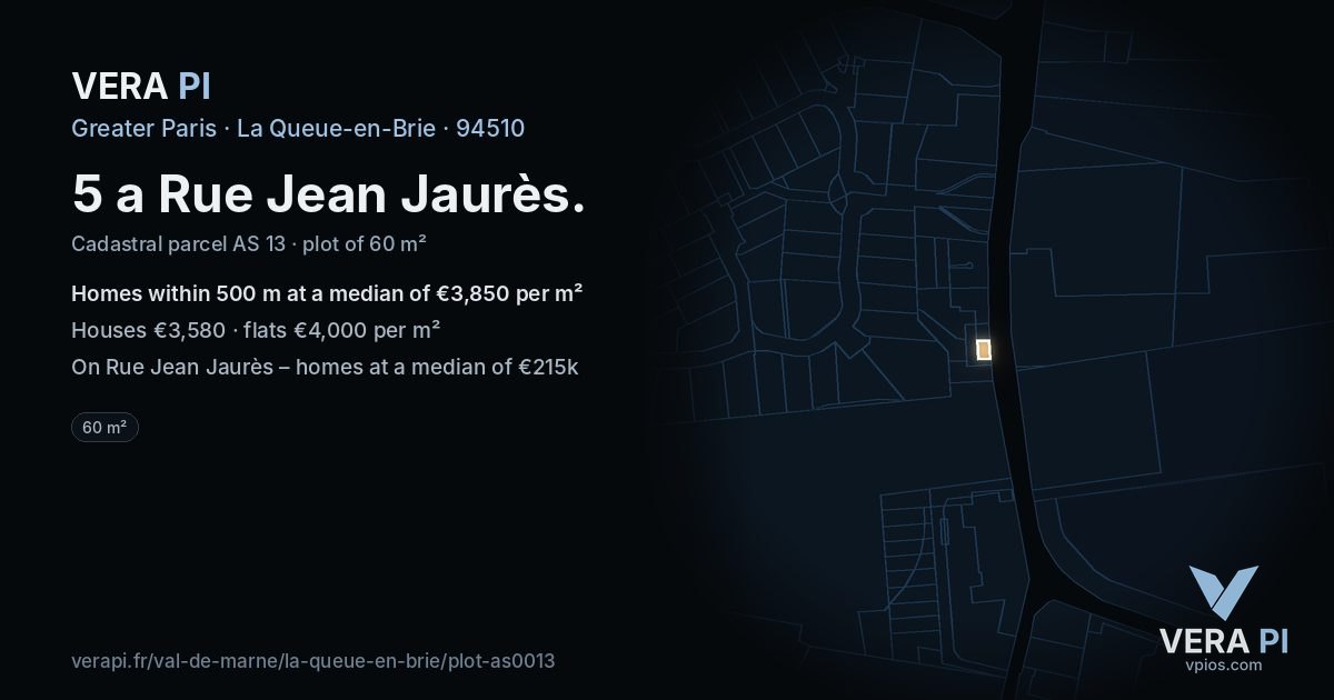 5 a Rue Jean Jaurès, La Queue-en-Brie at night – the plot lit, the parcels around coloured by the prices near them