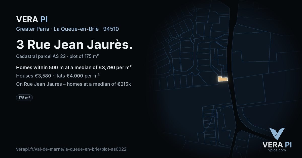 3 Rue Jean Jaurès, La Queue-en-Brie at night – the plot lit, the parcels around coloured by the prices near them