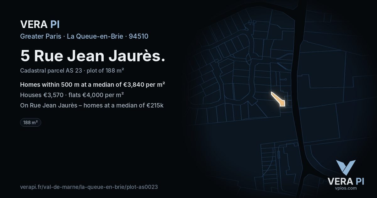 5 Rue Jean Jaurès, La Queue-en-Brie at night – the plot lit, the parcels around coloured by the prices near them