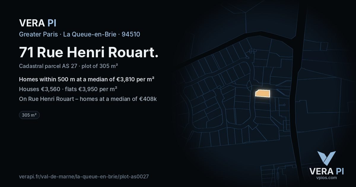 71 Rue Henri Rouart, La Queue-en-Brie at night – the plot lit, the parcels around coloured by the prices near them