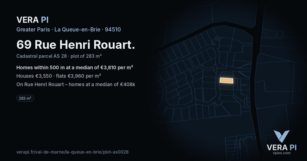 69 Rue Henri Rouart, La Queue-en-Brie at night – the plot lit, the parcels around coloured by the prices near them