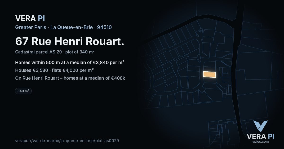 67 Rue Henri Rouart, La Queue-en-Brie at night – the plot lit, the parcels around coloured by the prices near them