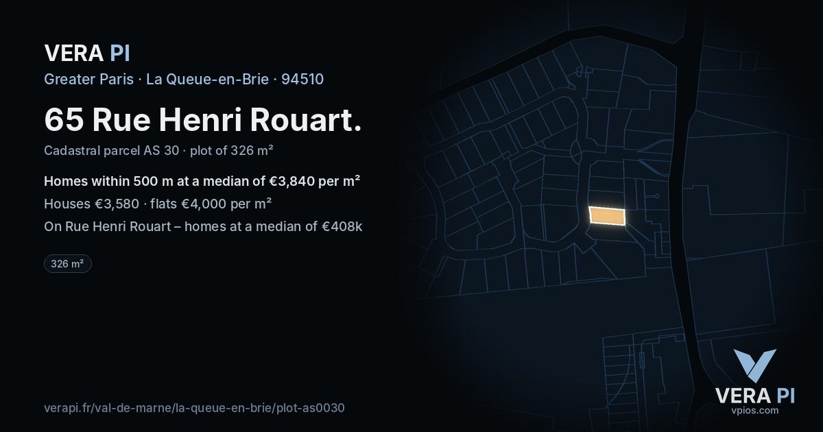 65 Rue Henri Rouart, La Queue-en-Brie at night – the plot lit, the parcels around coloured by the prices near them