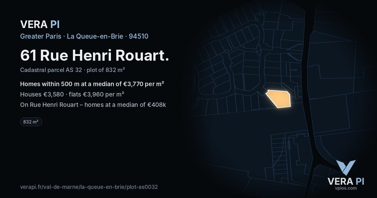61 Rue Henri Rouart, La Queue-en-Brie at night – the plot lit, the parcels around coloured by the prices near them