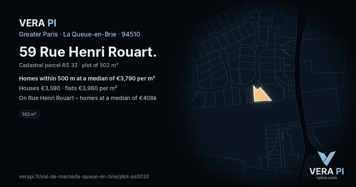 59 Rue Henri Rouart, La Queue-en-Brie at night – the plot lit, the parcels around coloured by the prices near them