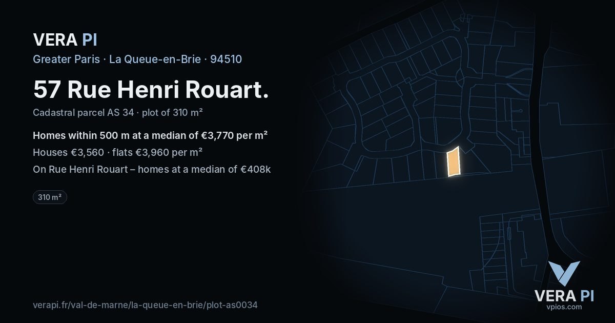 57 Rue Henri Rouart, La Queue-en-Brie at night – the plot lit, the parcels around coloured by the prices near them
