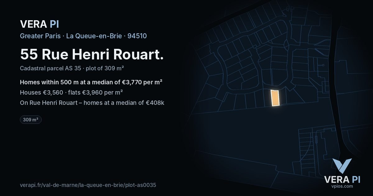 55 Rue Henri Rouart, La Queue-en-Brie at night – the plot lit, the parcels around coloured by the prices near them