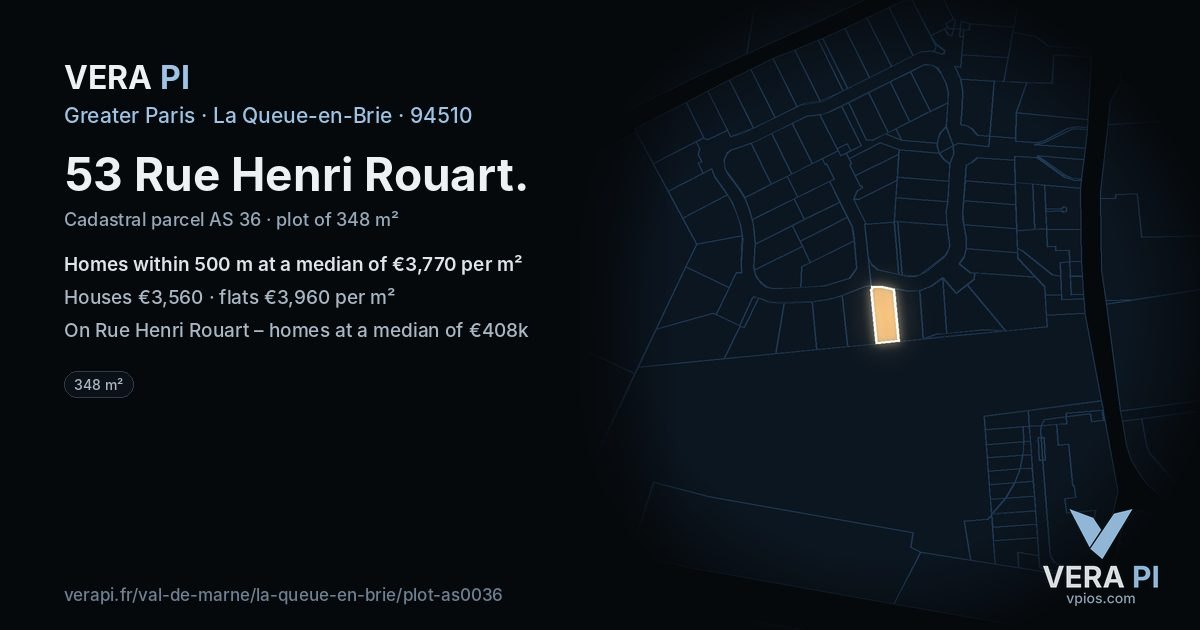53 Rue Henri Rouart, La Queue-en-Brie at night – the plot lit, the parcels around coloured by the prices near them