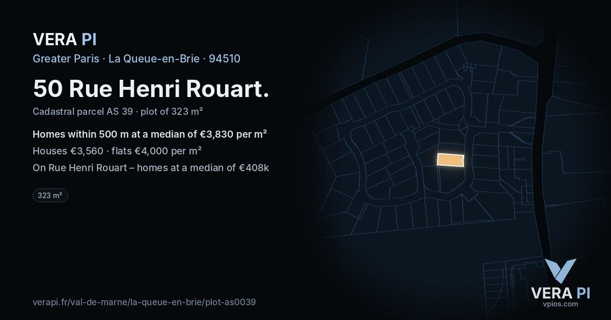50 Rue Henri Rouart, La Queue-en-Brie at night – the plot lit, the parcels around coloured by the prices near them