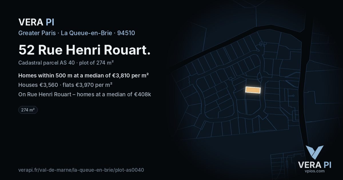 52 Rue Henri Rouart, La Queue-en-Brie at night – the plot lit, the parcels around coloured by the prices near them