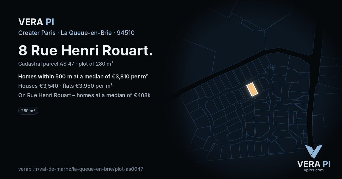 8 Rue Henri Rouart, La Queue-en-Brie at night – the plot lit, the parcels around coloured by the prices near them