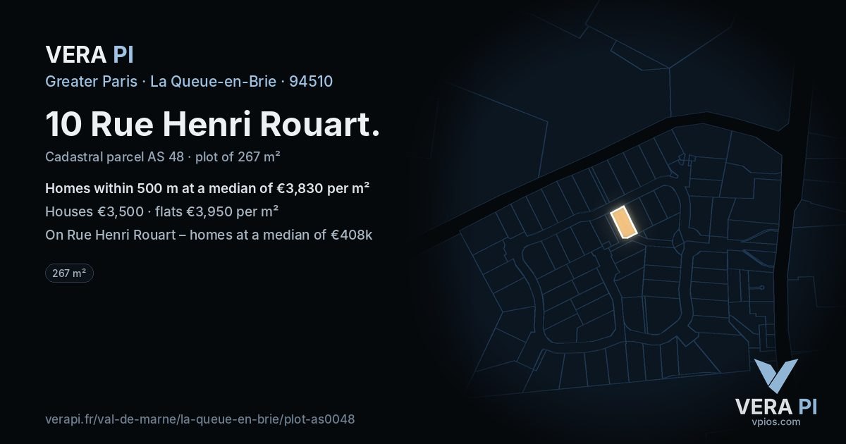 10 Rue Henri Rouart, La Queue-en-Brie at night – the plot lit, the parcels around coloured by the prices near them