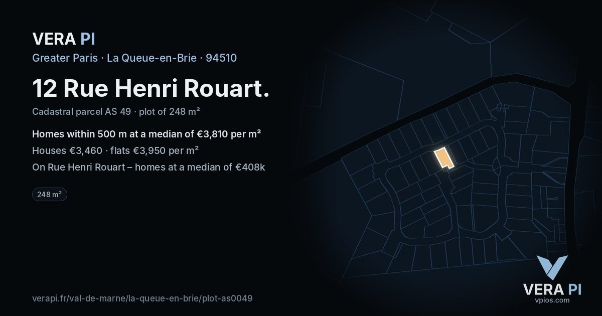 12 Rue Henri Rouart, La Queue-en-Brie at night – the plot lit, the parcels around coloured by the prices near them