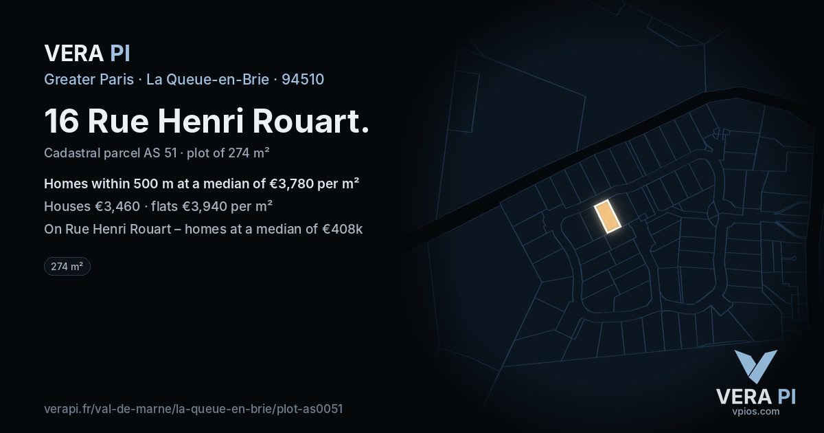16 Rue Henri Rouart, La Queue-en-Brie at night – the plot lit, the parcels around coloured by the prices near them