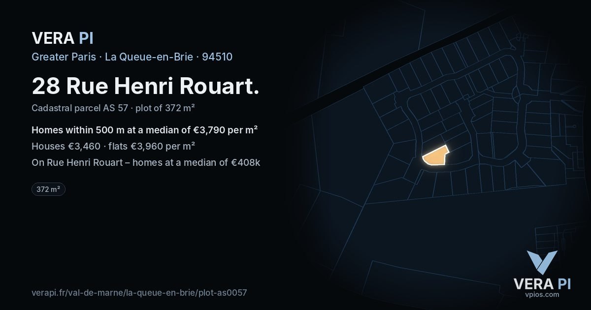 28 Rue Henri Rouart, La Queue-en-Brie at night – the plot lit, the parcels around coloured by the prices near them