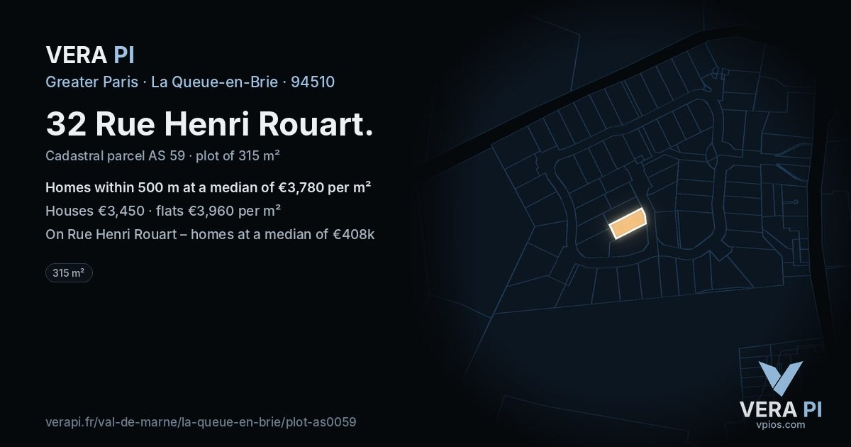 32 Rue Henri Rouart, La Queue-en-Brie at night – the plot lit, the parcels around coloured by the prices near them