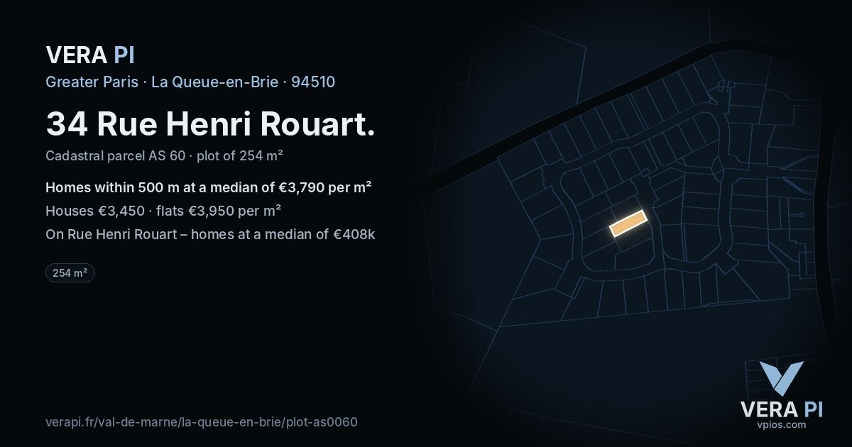 34 Rue Henri Rouart, La Queue-en-Brie at night – the plot lit, the parcels around coloured by the prices near them