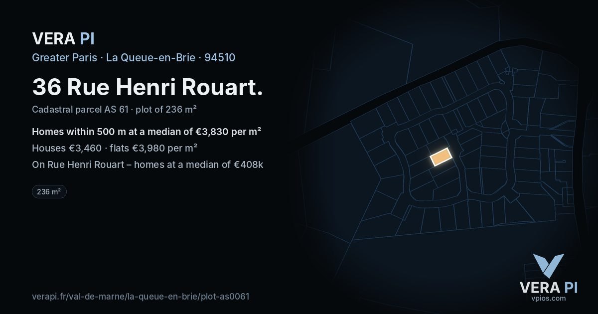 36 Rue Henri Rouart, La Queue-en-Brie at night – the plot lit, the parcels around coloured by the prices near them