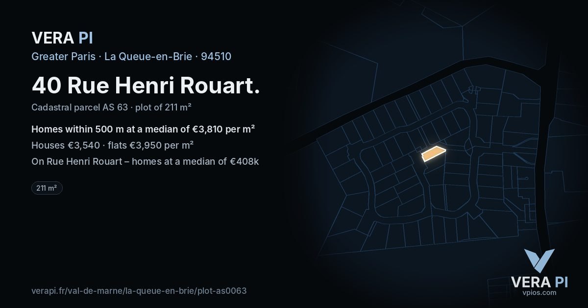 40 Rue Henri Rouart, La Queue-en-Brie at night – the plot lit, the parcels around coloured by the prices near them