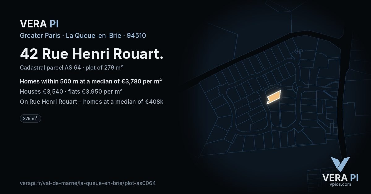 42 Rue Henri Rouart, La Queue-en-Brie at night – the plot lit, the parcels around coloured by the prices near them