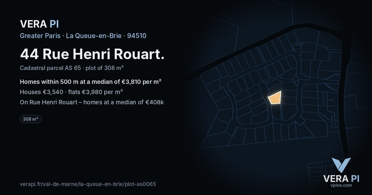 44 Rue Henri Rouart, La Queue-en-Brie at night – the plot lit, the parcels around coloured by the prices near them