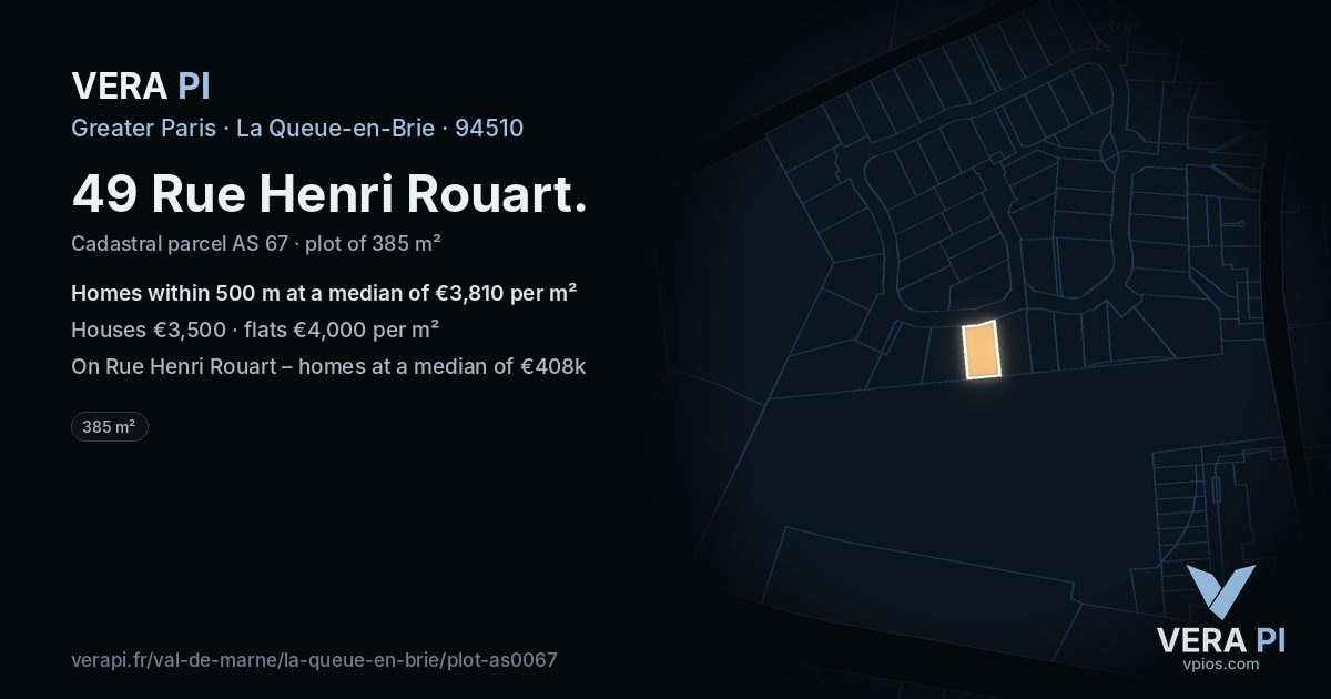 49 Rue Henri Rouart, La Queue-en-Brie at night – the plot lit, the parcels around coloured by the prices near them