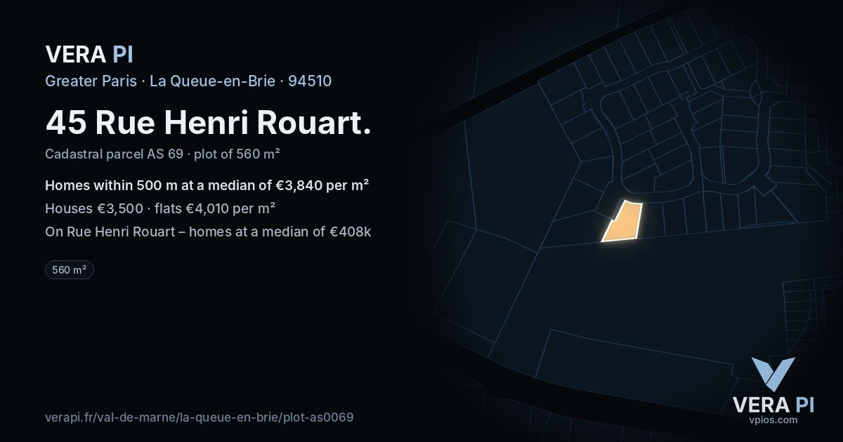 45 Rue Henri Rouart, La Queue-en-Brie at night – the plot lit, the parcels around coloured by the prices near them
