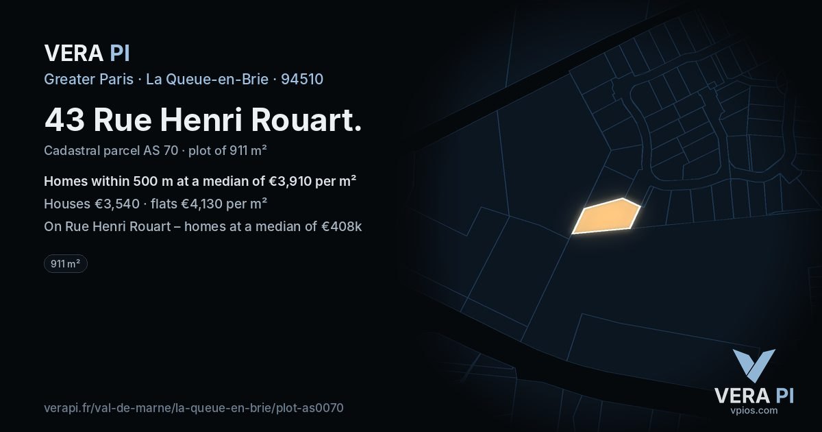 43 Rue Henri Rouart, La Queue-en-Brie at night – the plot lit, the parcels around coloured by the prices near them