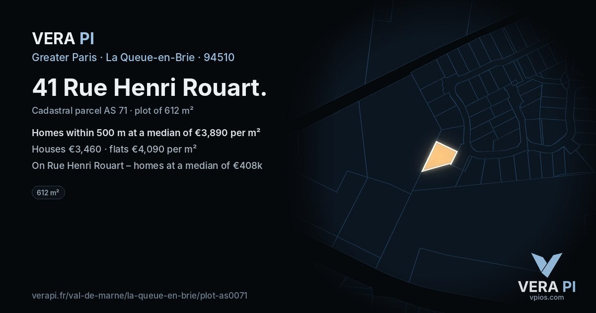 41 Rue Henri Rouart, La Queue-en-Brie at night – the plot lit, the parcels around coloured by the prices near them