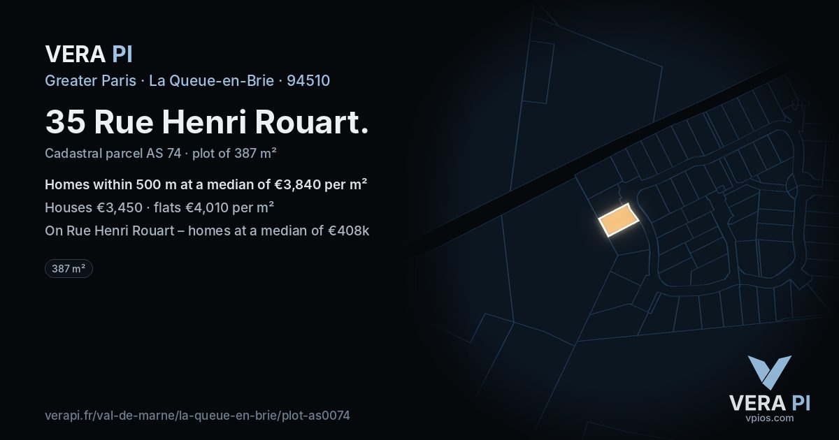 35 Rue Henri Rouart, La Queue-en-Brie at night – the plot lit, the parcels around coloured by the prices near them
